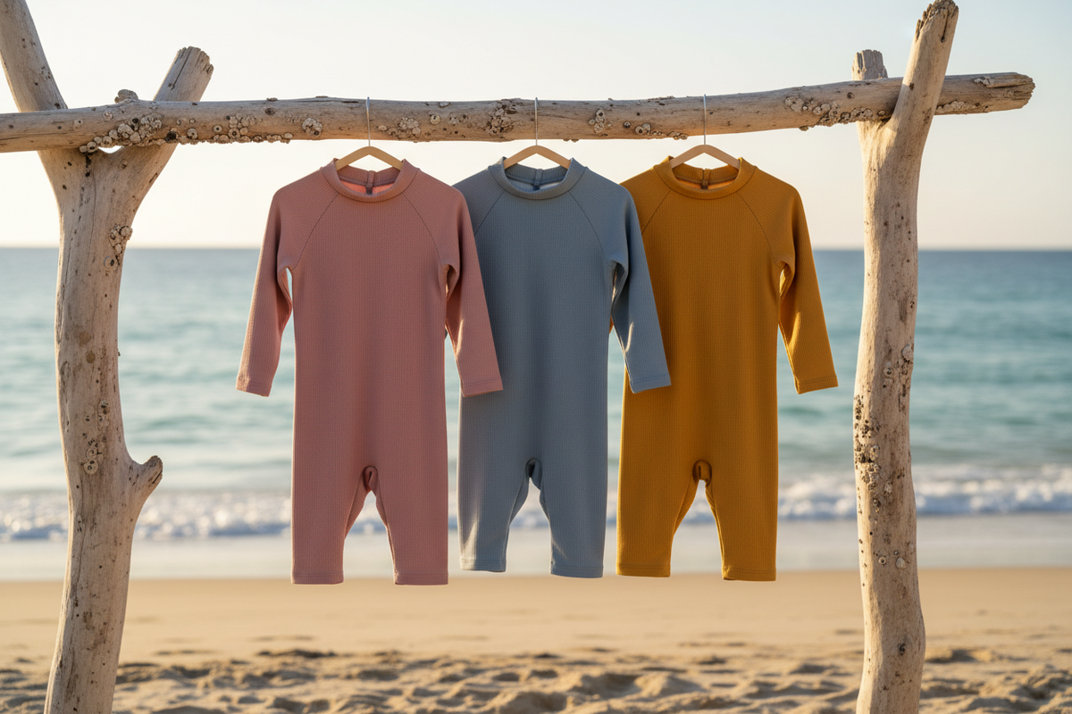 Three organic kids swimsuits in ash rose, mineral blue, and nugget gold hanging by the ocean