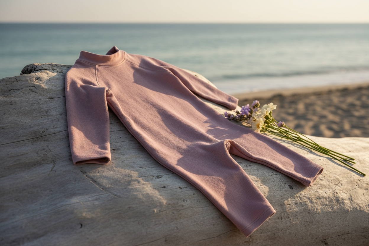 Kids ash rose one-piece swimsuit with long sleeves, high neck and 3/4 length legs