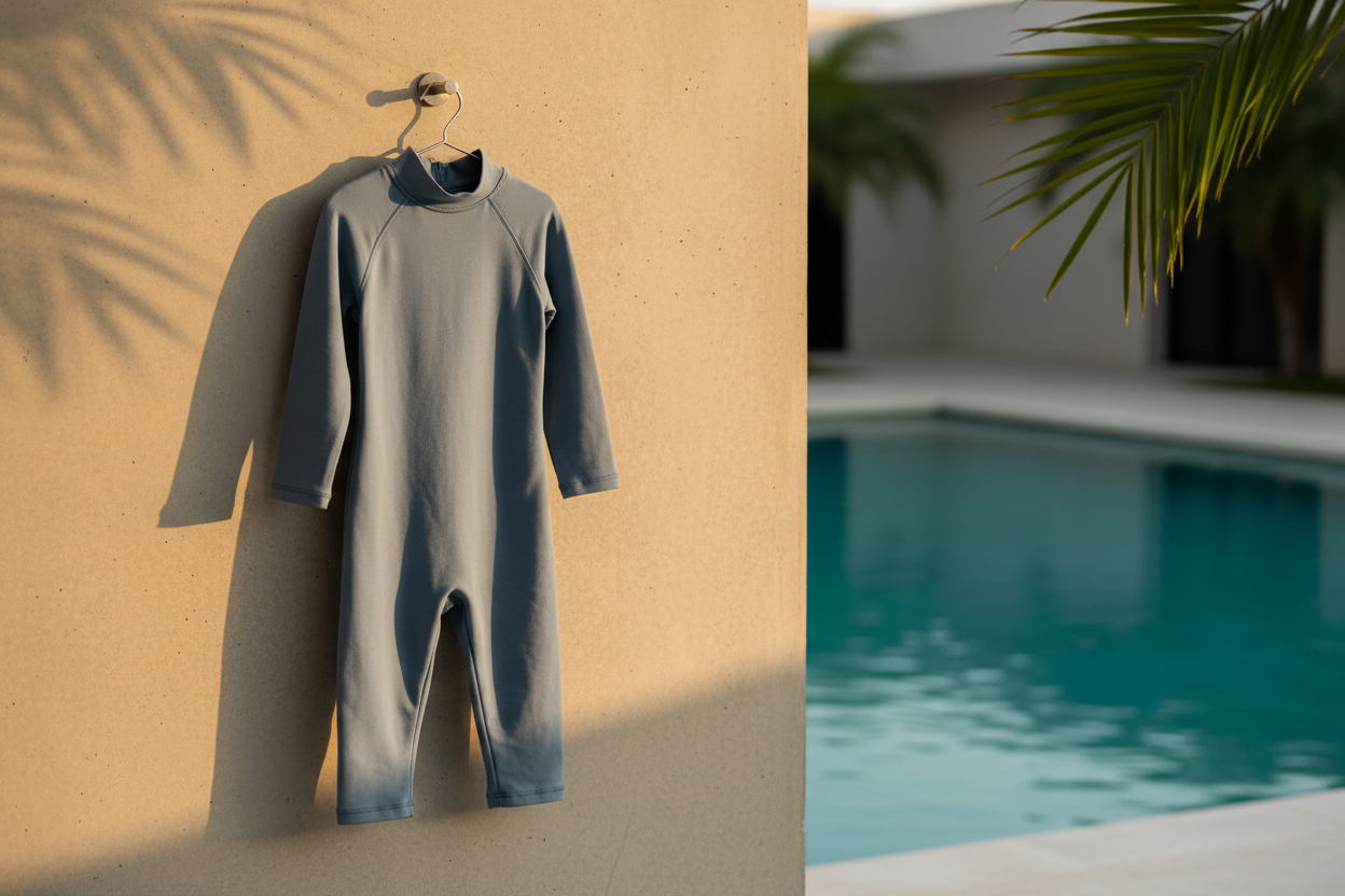 Kids mineral blue one-piece swimsuit in aesthetic poolside setting